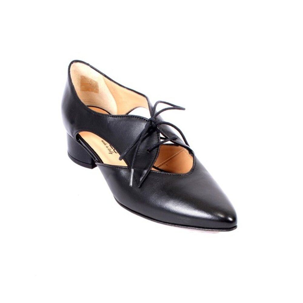 MOT-CLe 0870z Black Leather Pointy Lace-Up Heels Pumps